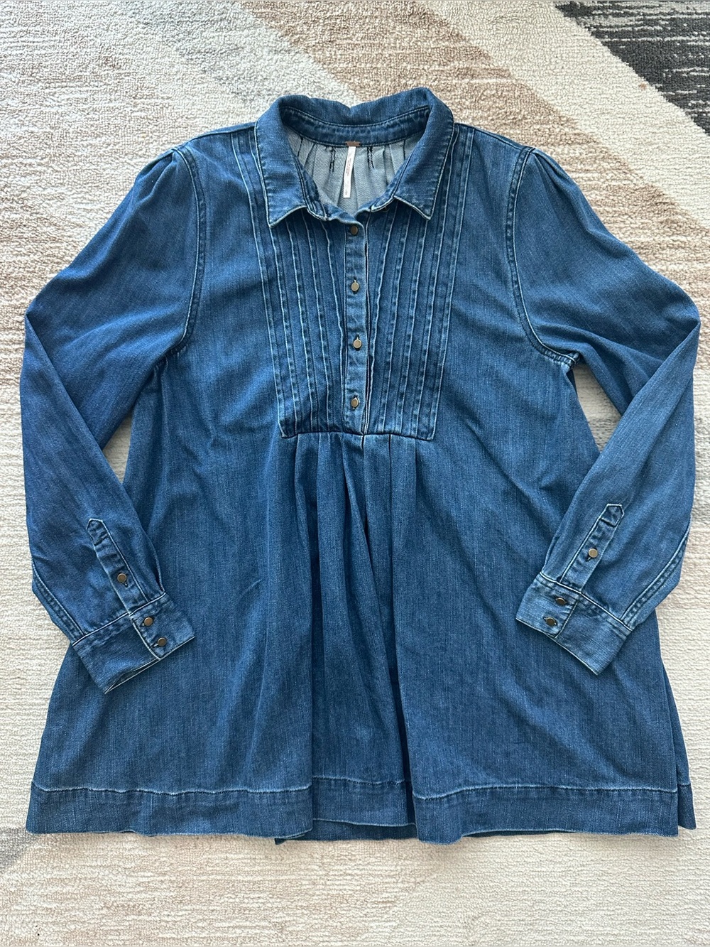 Free People Blue Pintuck Button-Front Tunic Dress Size L
